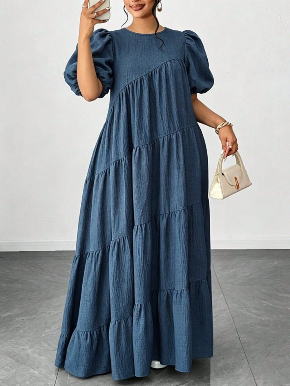 Navy Blue Cute Women's Plus Size Multi-Layer Petal Sleeve Elegant Midi Dress